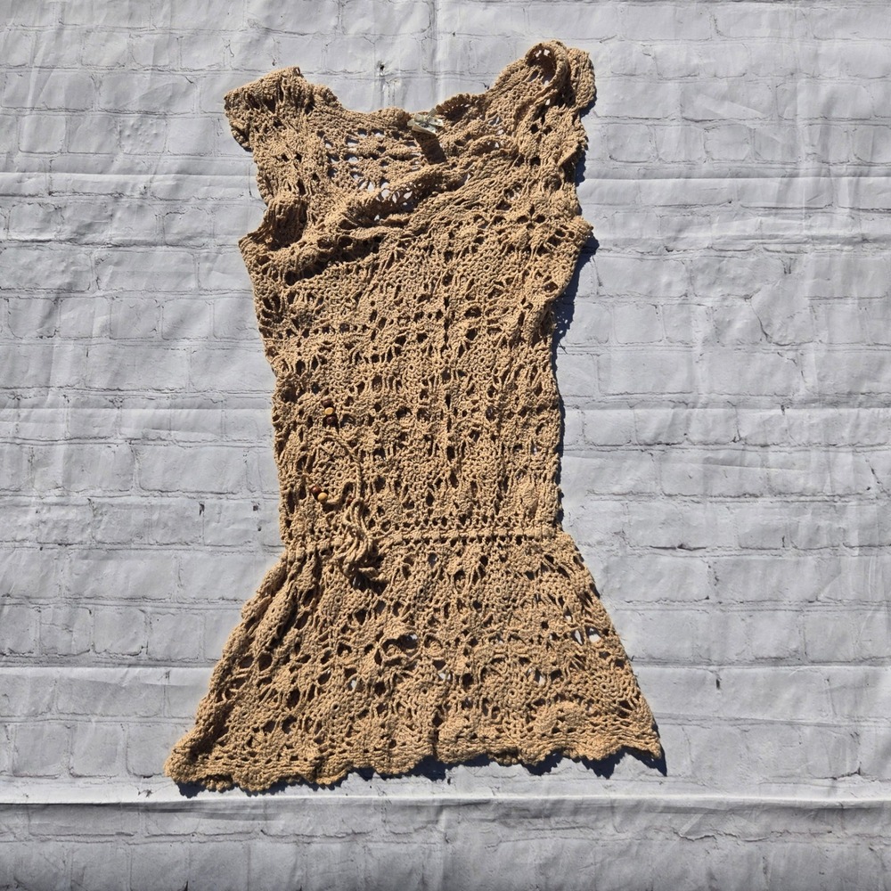 Forever 21 Vintage Y2K Boho indie Crochet mini dress cotton Wood Bead Drawstring